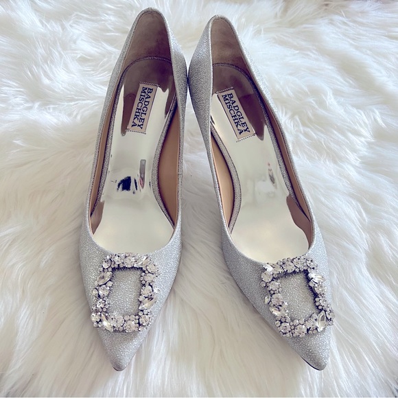 Badgley Mischka Shoes - BADGLEY MISCHKA Sparkly Silver Heels Pumps Rhinestones NWOT